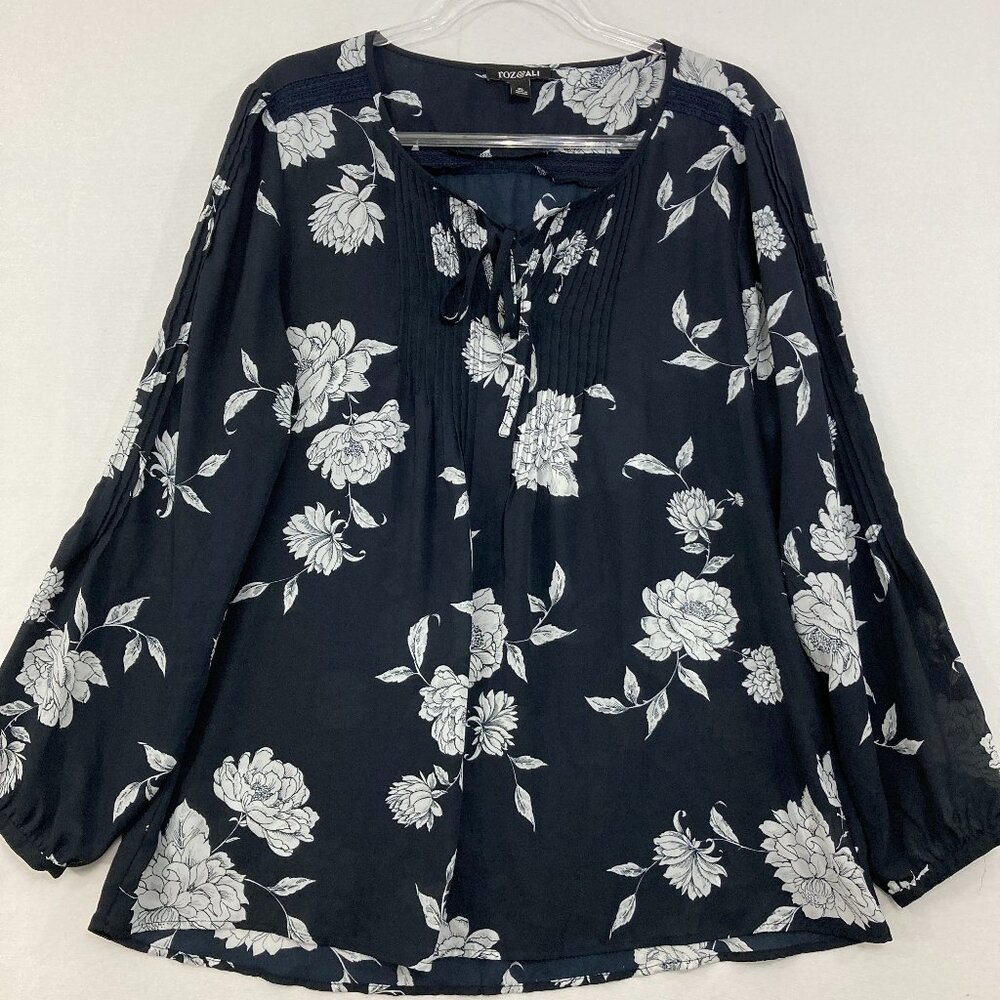 Roz & Ali size XL Navy Floral Pintuck Tie Front Soft Flowy Preppy Blouse Office